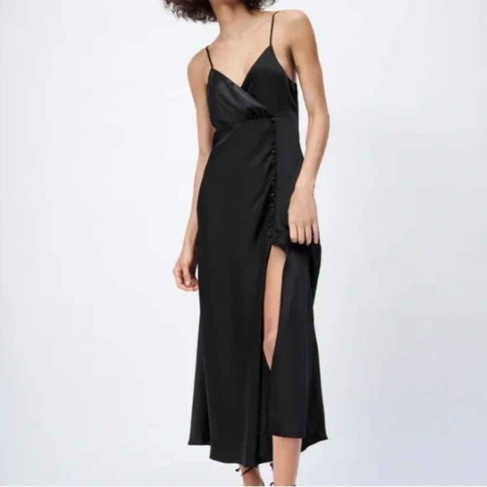 Zara Satin Effect Slip Dress with Buttons Midi Dress Side Slit Evening Gown S - Picture 3 of 11